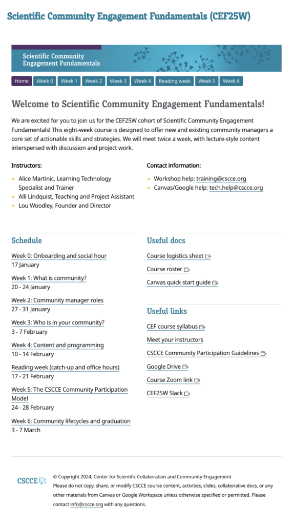 A screenshot of the CEF homepage, which is generally a learner's first interaction with a CSCCE course in Canvas. It includes an overview of the course, the general schedule, and a collection of useful links and documents. 